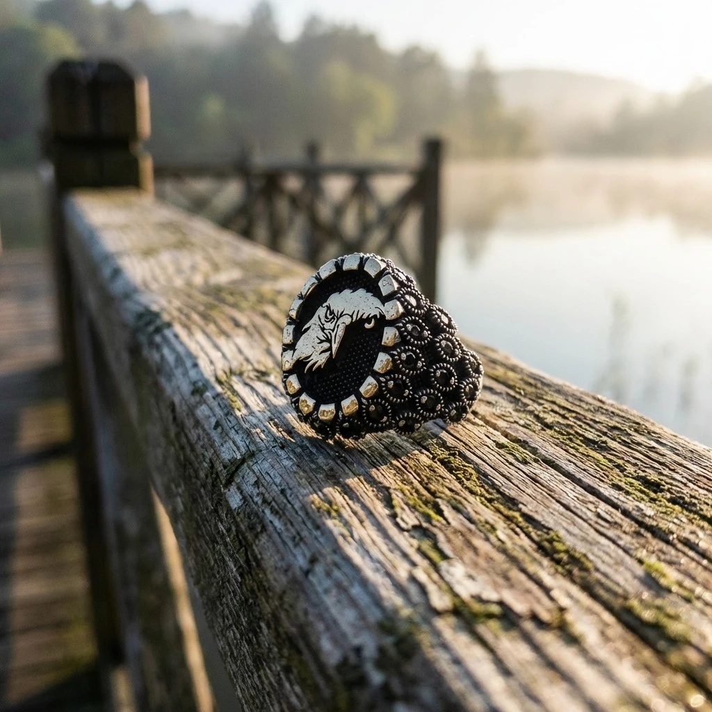 Kartal Başlı Siyah Zirkon Taşlı Erkek Yüzük