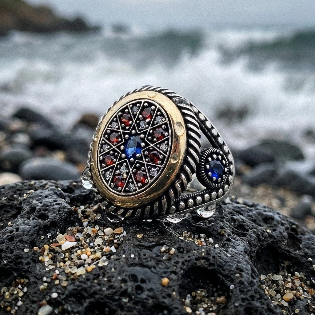 Renkli Taşlı Selçuklu Yıldızı Erkek Yüzük