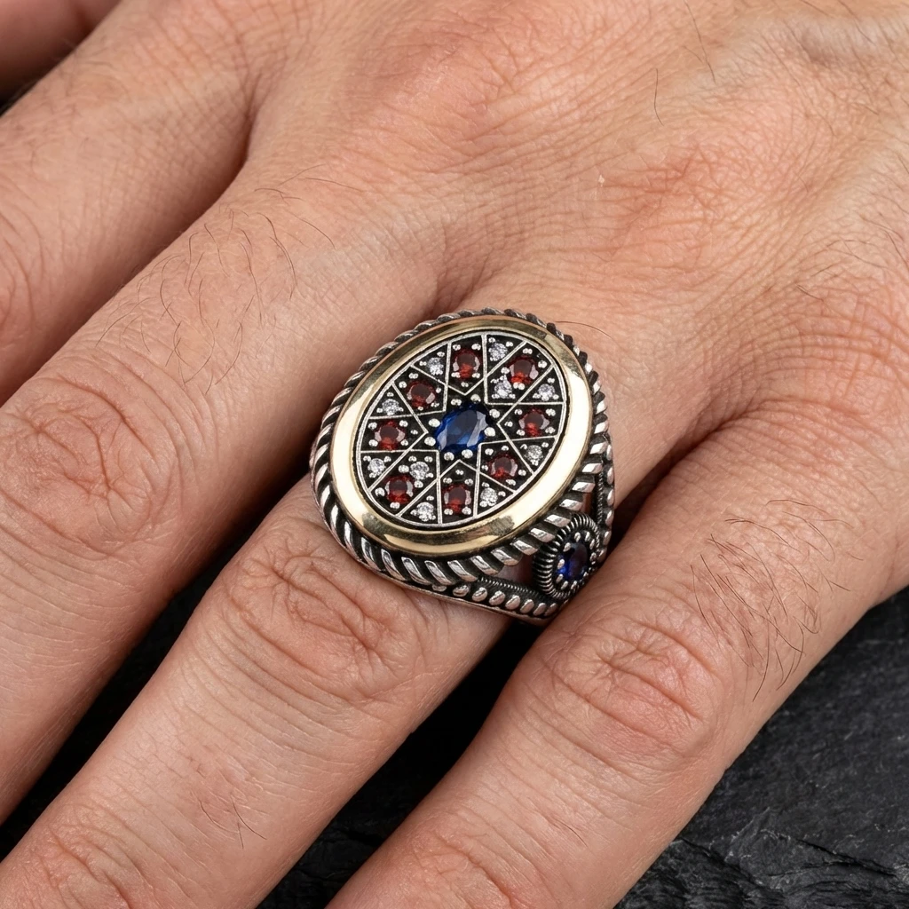 Renkli Taşlı Selçuklu Yıldızı Erkek Yüzük