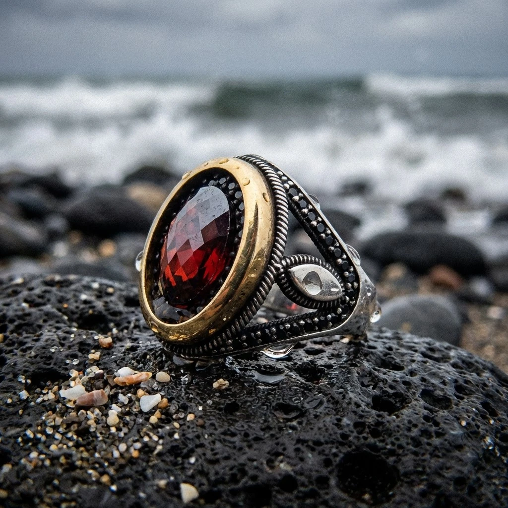 Kırmızı Fasetli Taşlı ve Siyah Zirkon Mıhlamalı Erkek Yüzük
