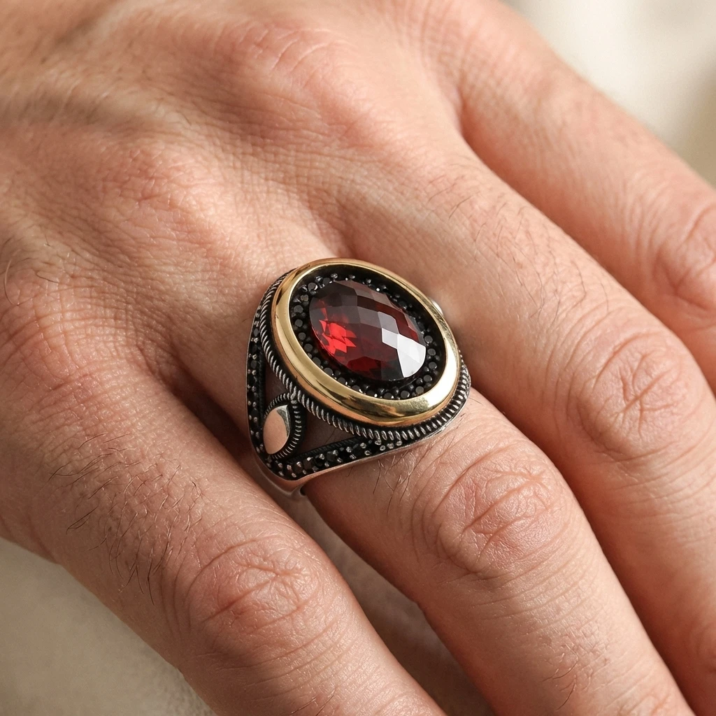 Kırmızı Fasetli Taşlı ve Siyah Zirkon Mıhlamalı Erkek Yüzük