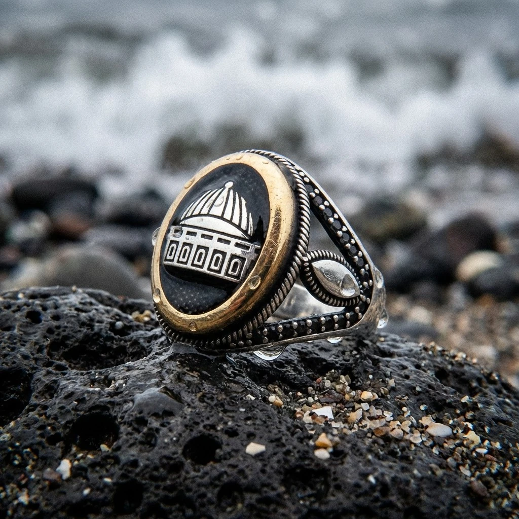 Kubbe Motifli Siyah Mikro Taşlı Erkek Yüzük