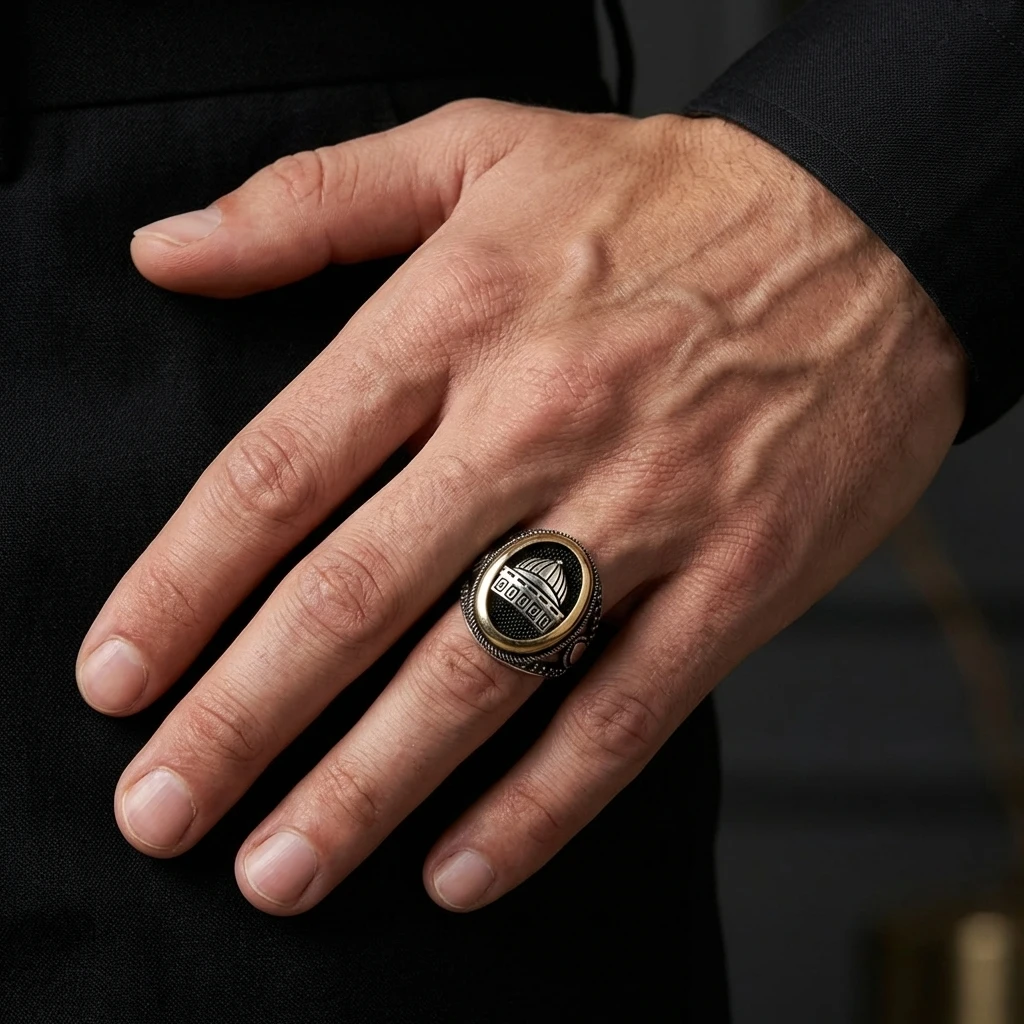 Kubbe Motifli Siyah Mikro Taşlı Erkek Yüzük