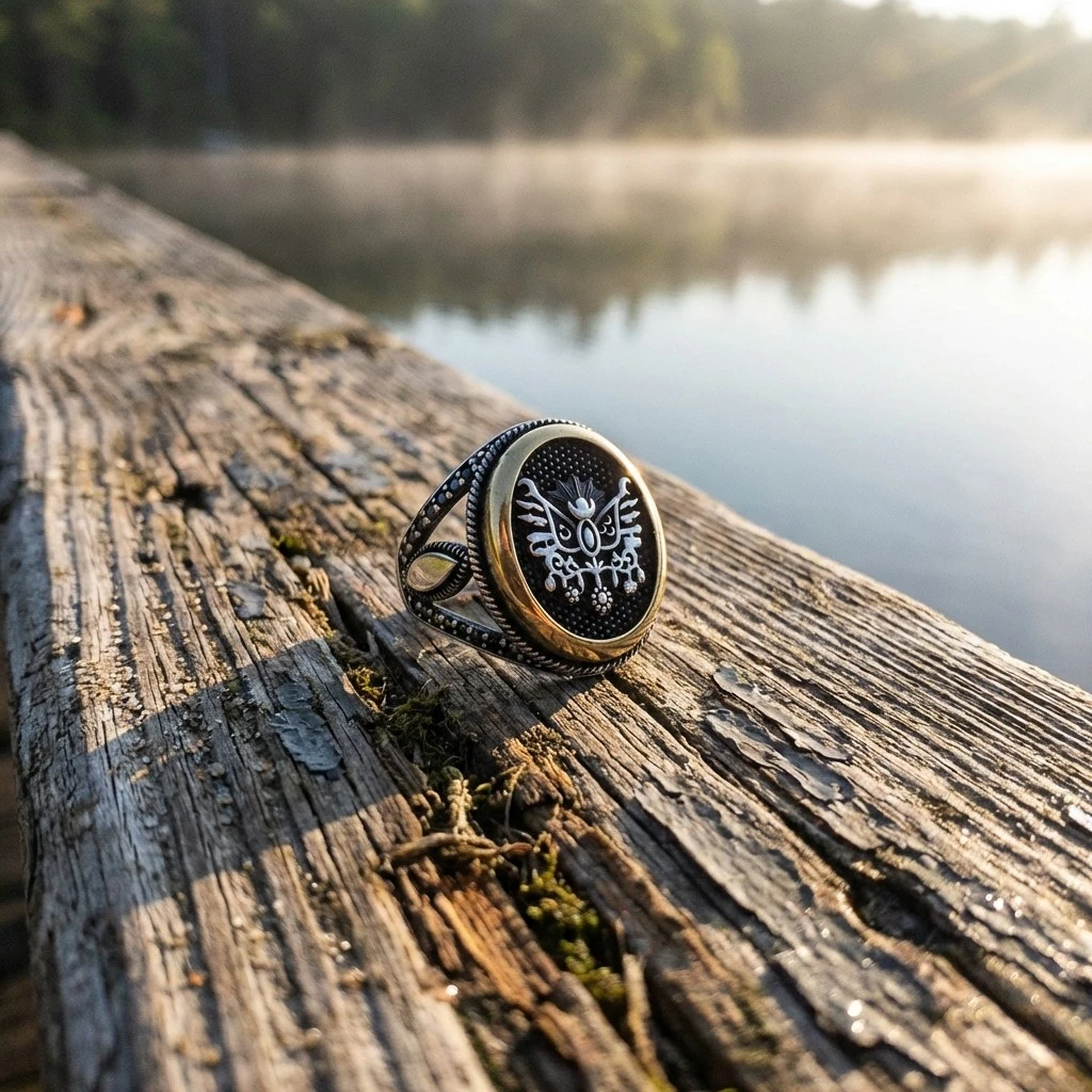 Osmanlı Devlet Arması Motifli Siyah Mikro Taşlı Erkek Yüzük