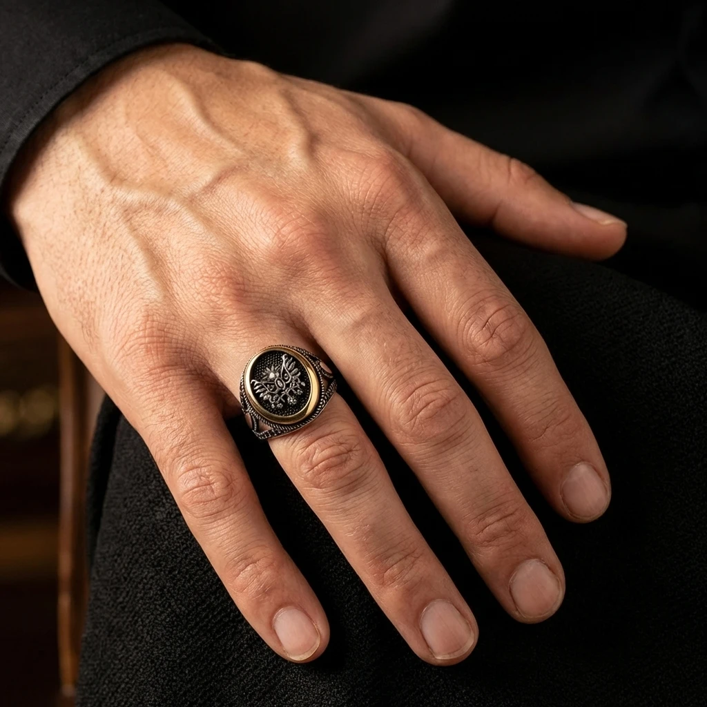 Osmanlı Devlet Arması Motifli Siyah Mikro Taşlı Erkek Yüzük