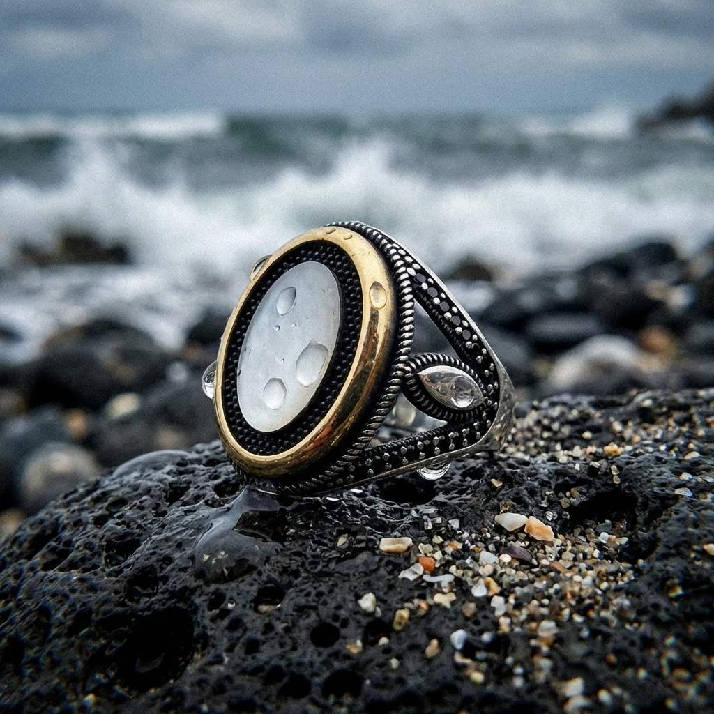 Minimalist Beyaz Mine Detaylı Siyah Mikro Taşlı Erkek Yüzük