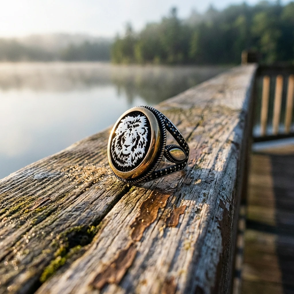Aslan Başı Figürlü Siyah Mikro Taşlı Erkek Şövalye Yüzüğü