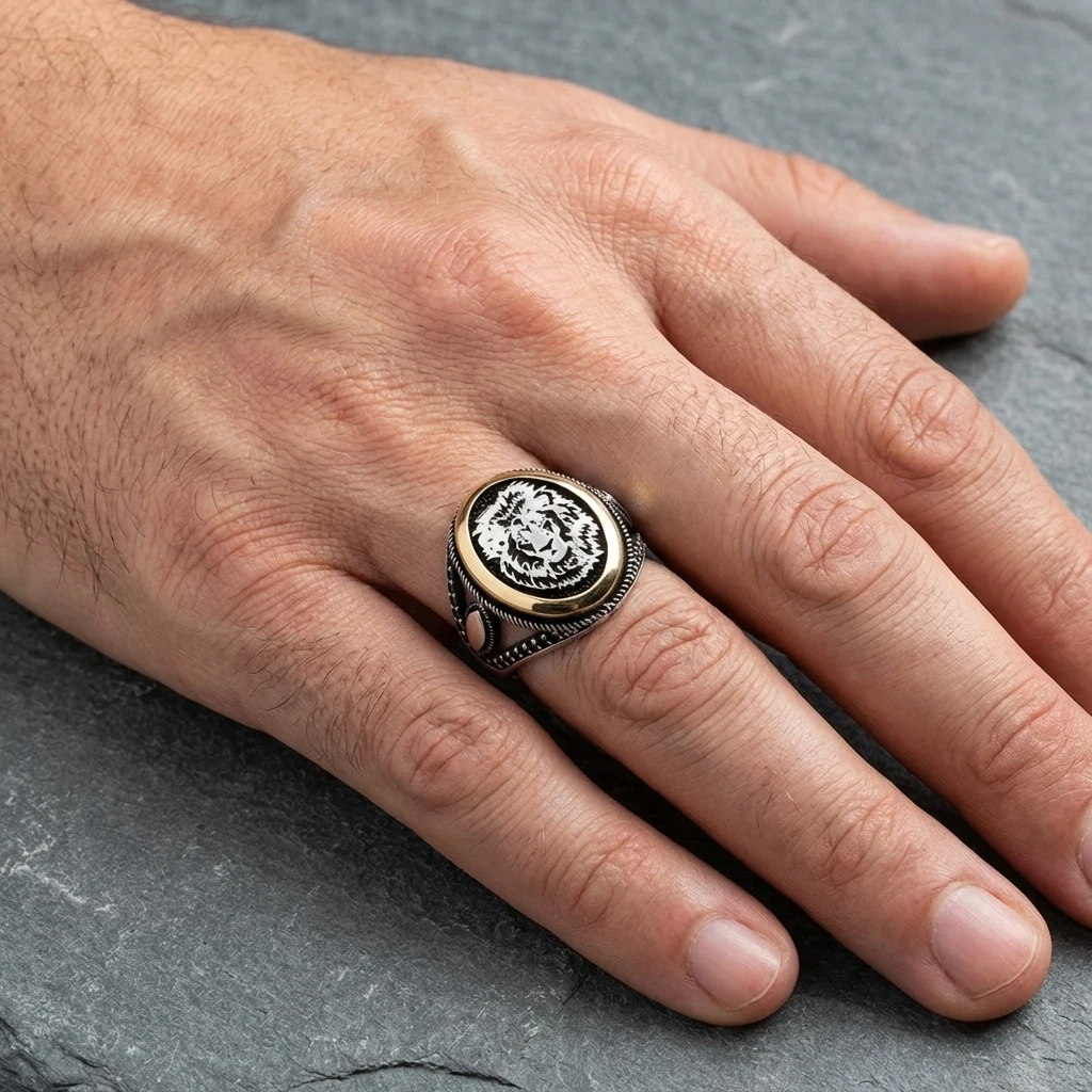 Aslan Başı Figürlü Siyah Mikro Taşlı Erkek Şövalye Yüzüğü