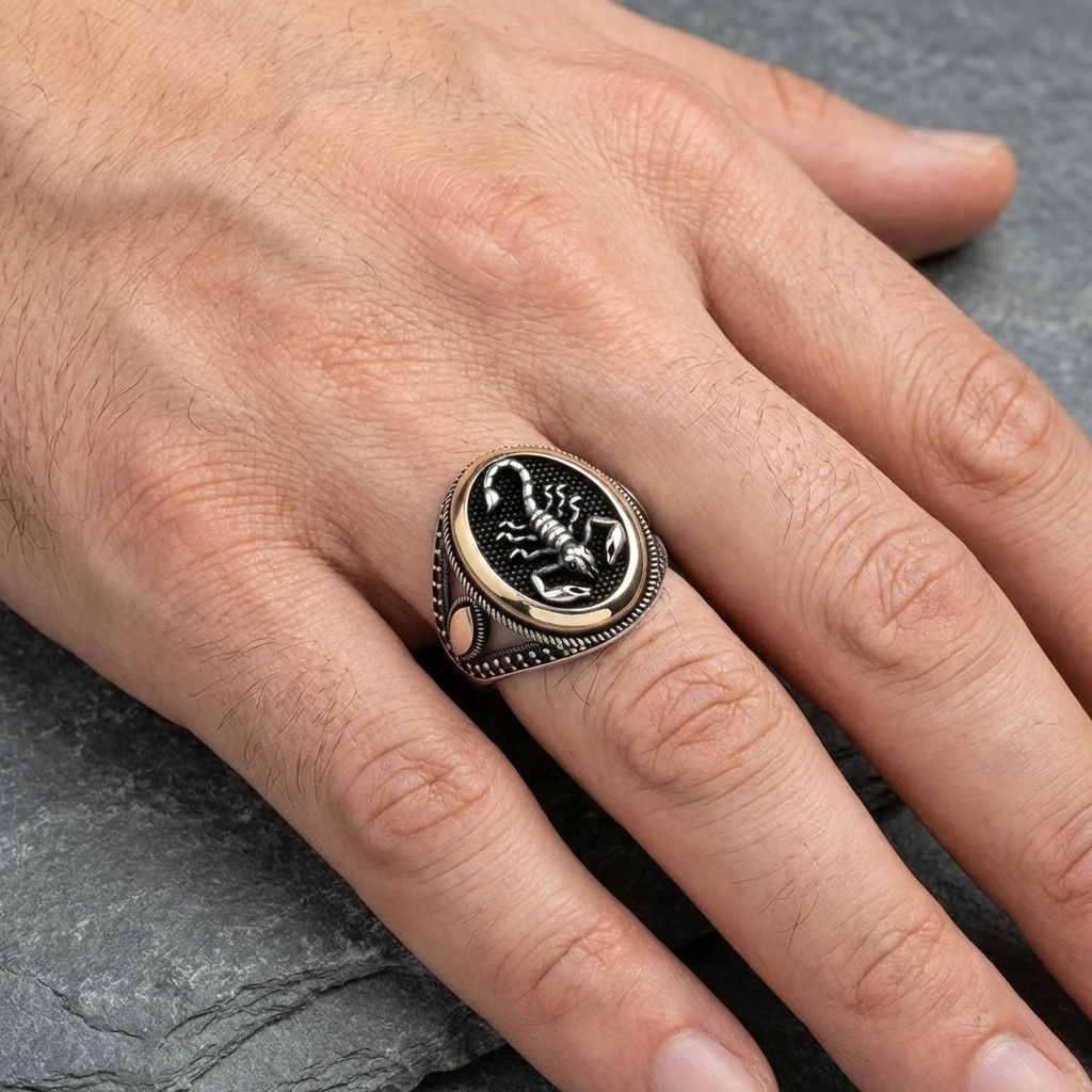 Akrep Desenli Gümüş Erkek Yüzük