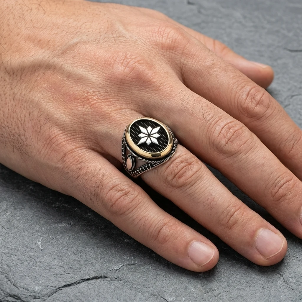Osmanlı Tuğrası Motifli Siyah Mikro Taşlı Erkek Yüzük