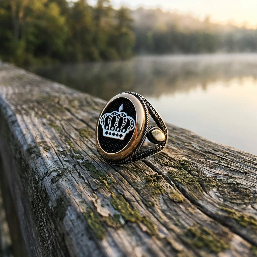 Altın Kaplama Çerçeveli ve Siyah Taşlı Kraliyet Tacı Erkek Yüzüğü