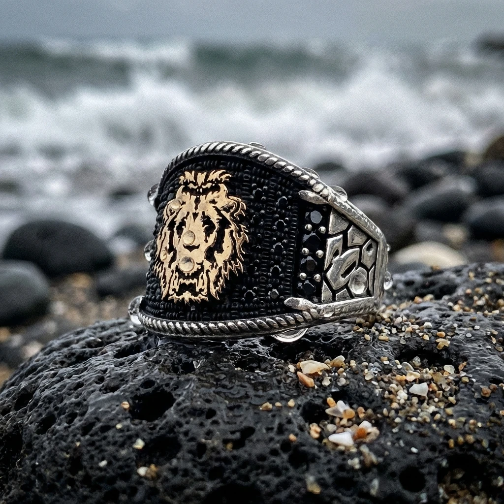 Altın Detaylı Aslanlı Siyah Mikro Taşlı Erkek Yüzüğü