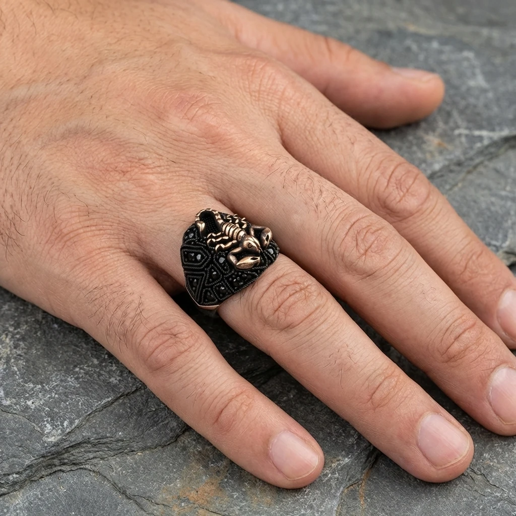 Akrep Motifli Siyah Zirkon Taşlı Erkek Yüzük