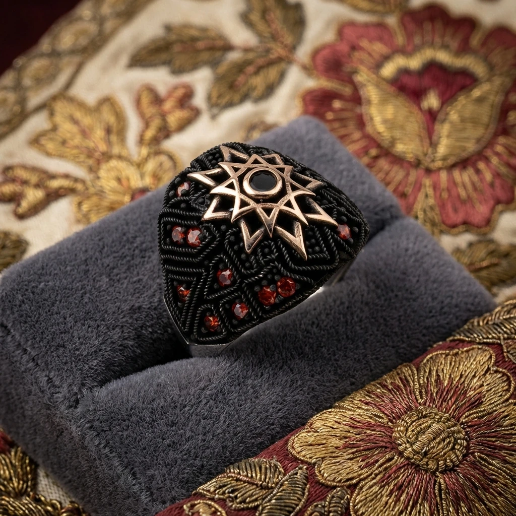 Kırmızı Zirkon Taşlı ve Selçuklu Yıldızı Tasarımlı Gümüş Erkek Yüzük