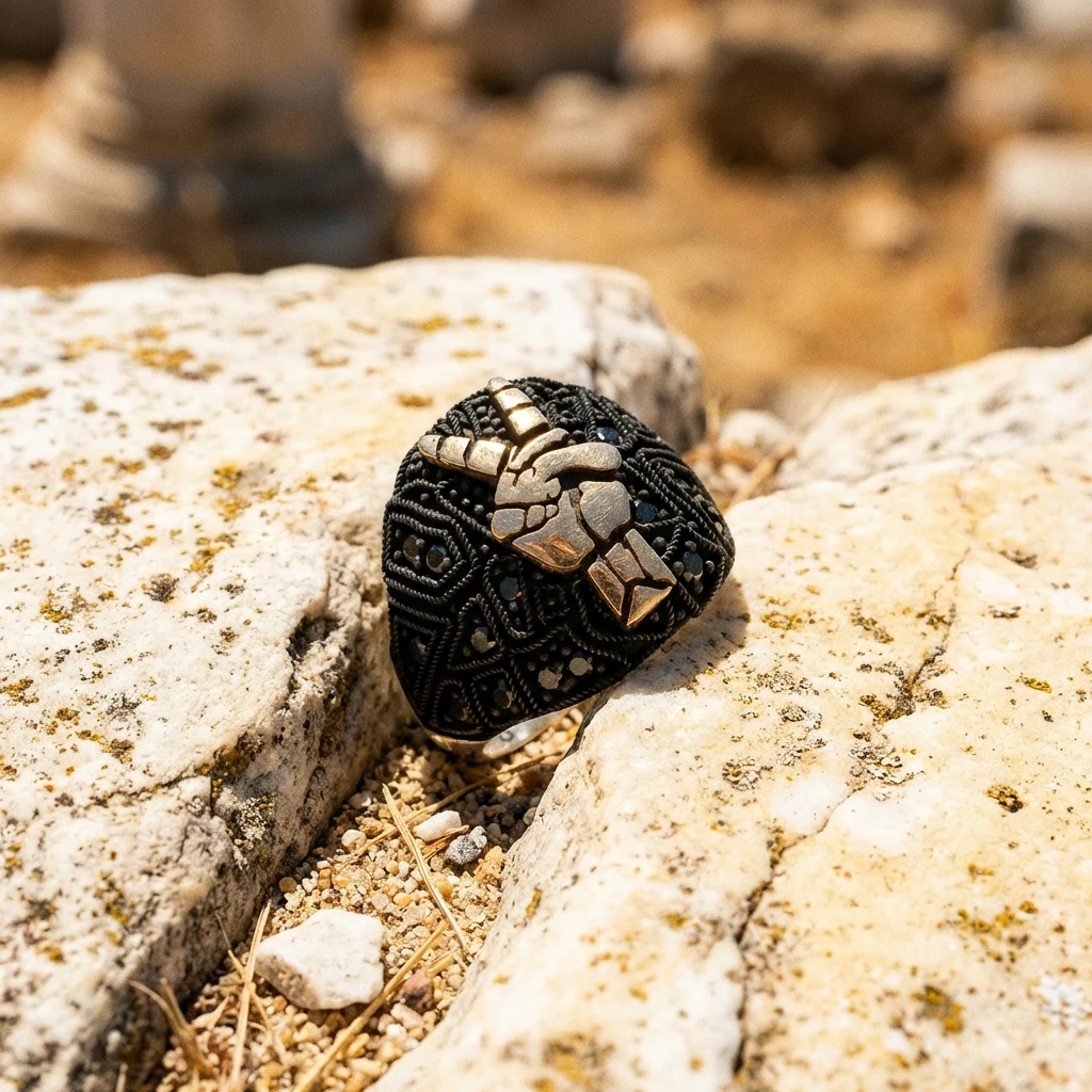 Zafer İşareti El Figürlü Siyah Zirkon Taşlı