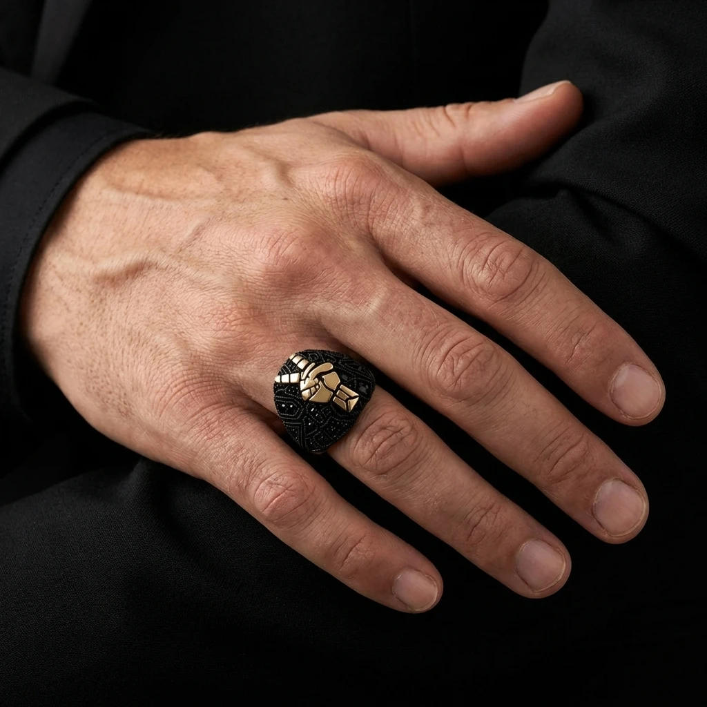 Zafer İşareti El Figürlü Siyah Zirkon Taşlı