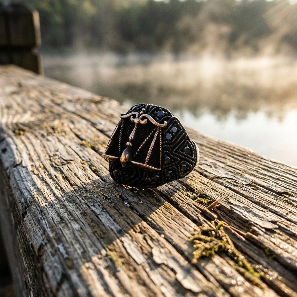 Adalet Terazisi Figürlü Siyah Zirkon Taşlı Gümüş Erkek Yüzük