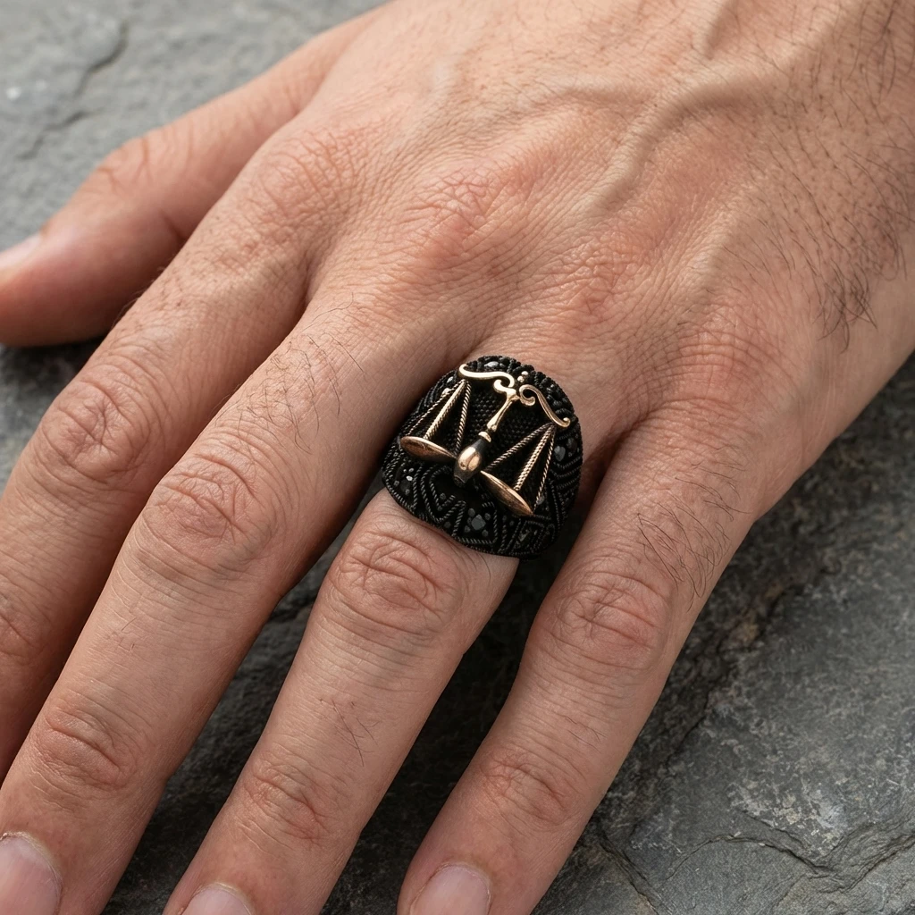 Adalet Terazisi Figürlü Siyah Zirkon Taşlı Gümüş Erkek Yüzük