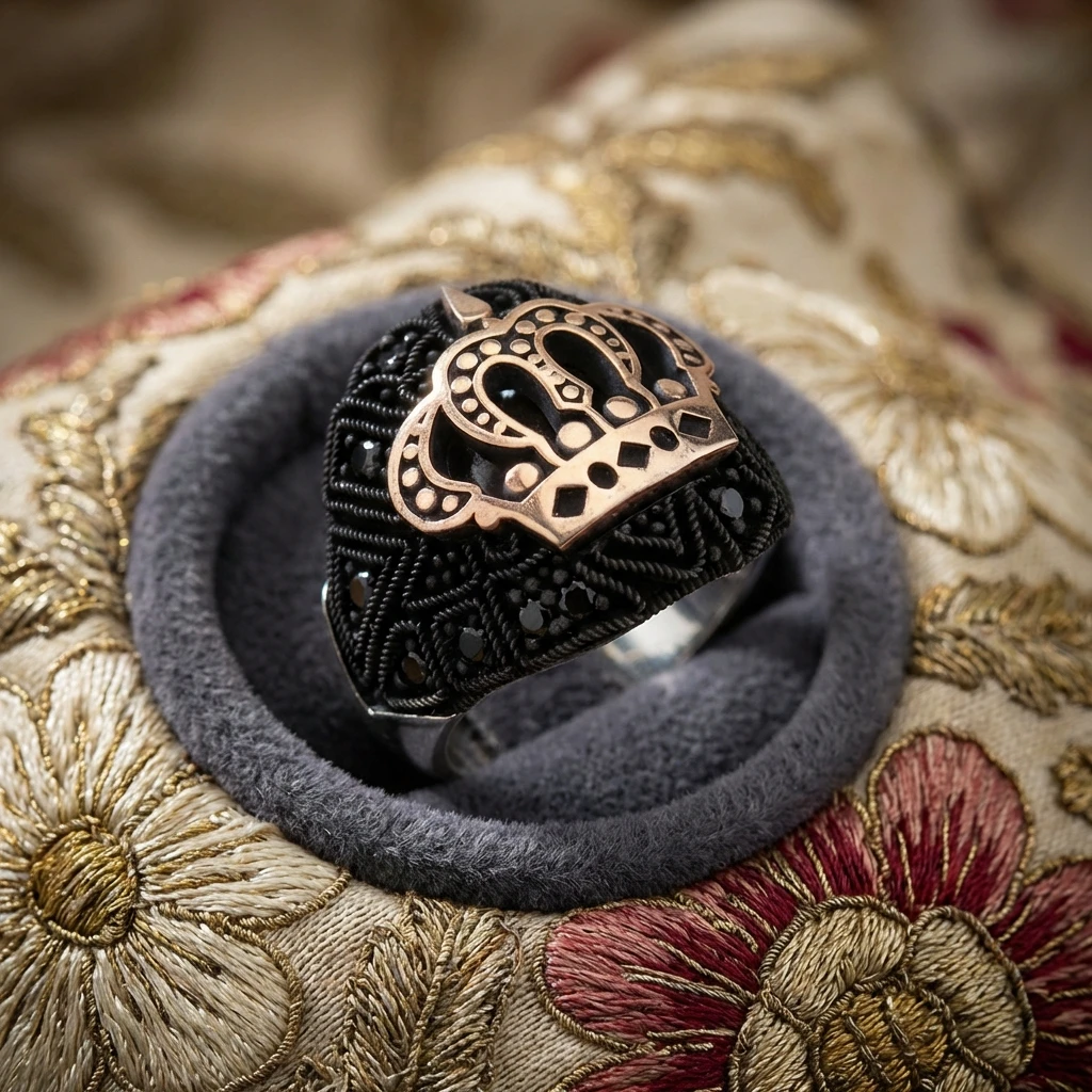 Kral Tacı Figürlü Siyah Zirkon Taşlı Gümüş Erkek Yüzük