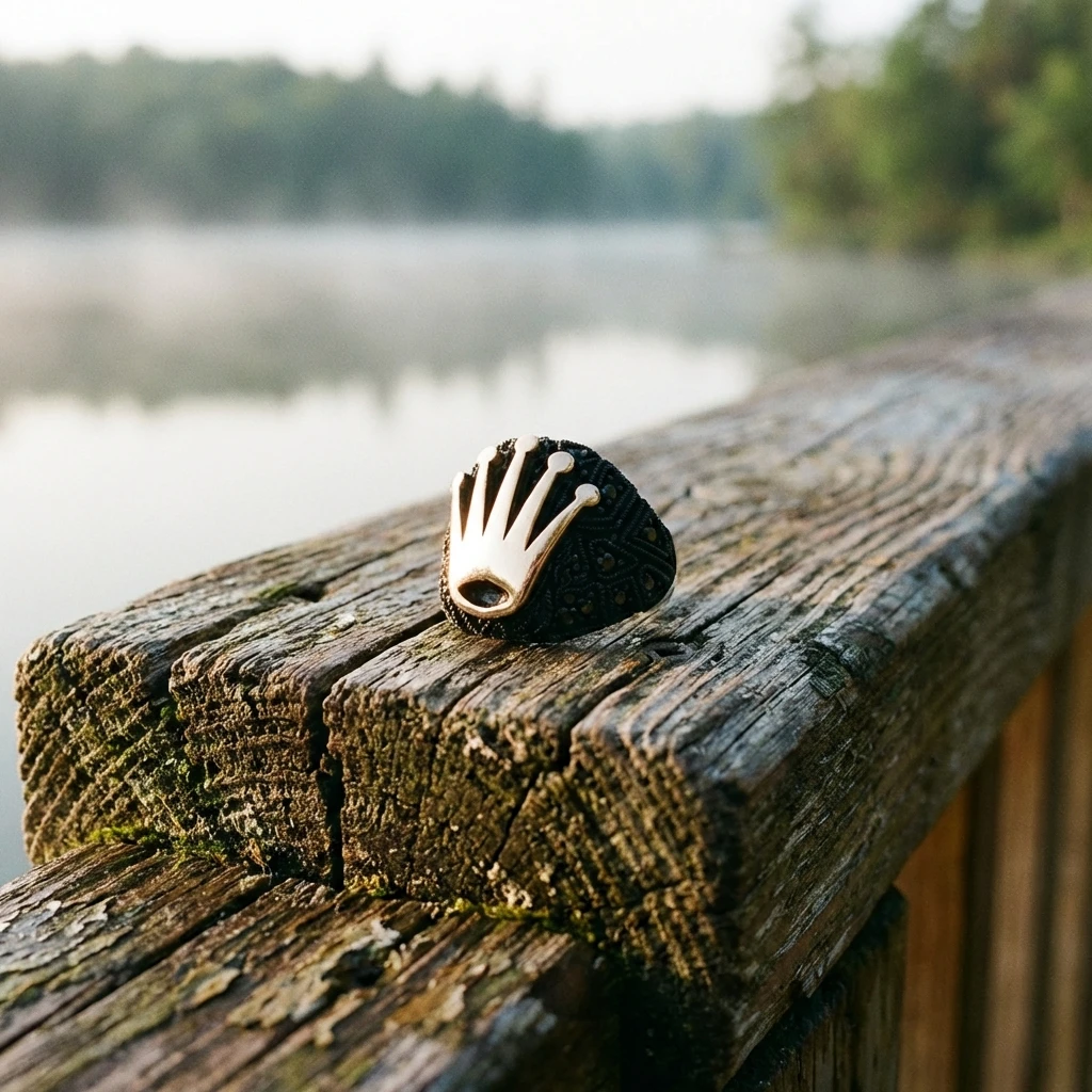 Kral Tacı Figürlü Siyah Zirkon Taşlı Gümüş Erkek Yüzük