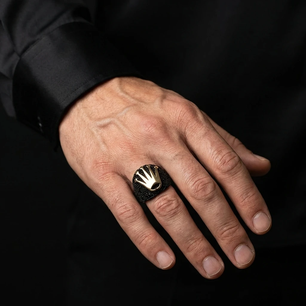 Kral Tacı Figürlü Siyah Zirkon Taşlı Gümüş Erkek Yüzük