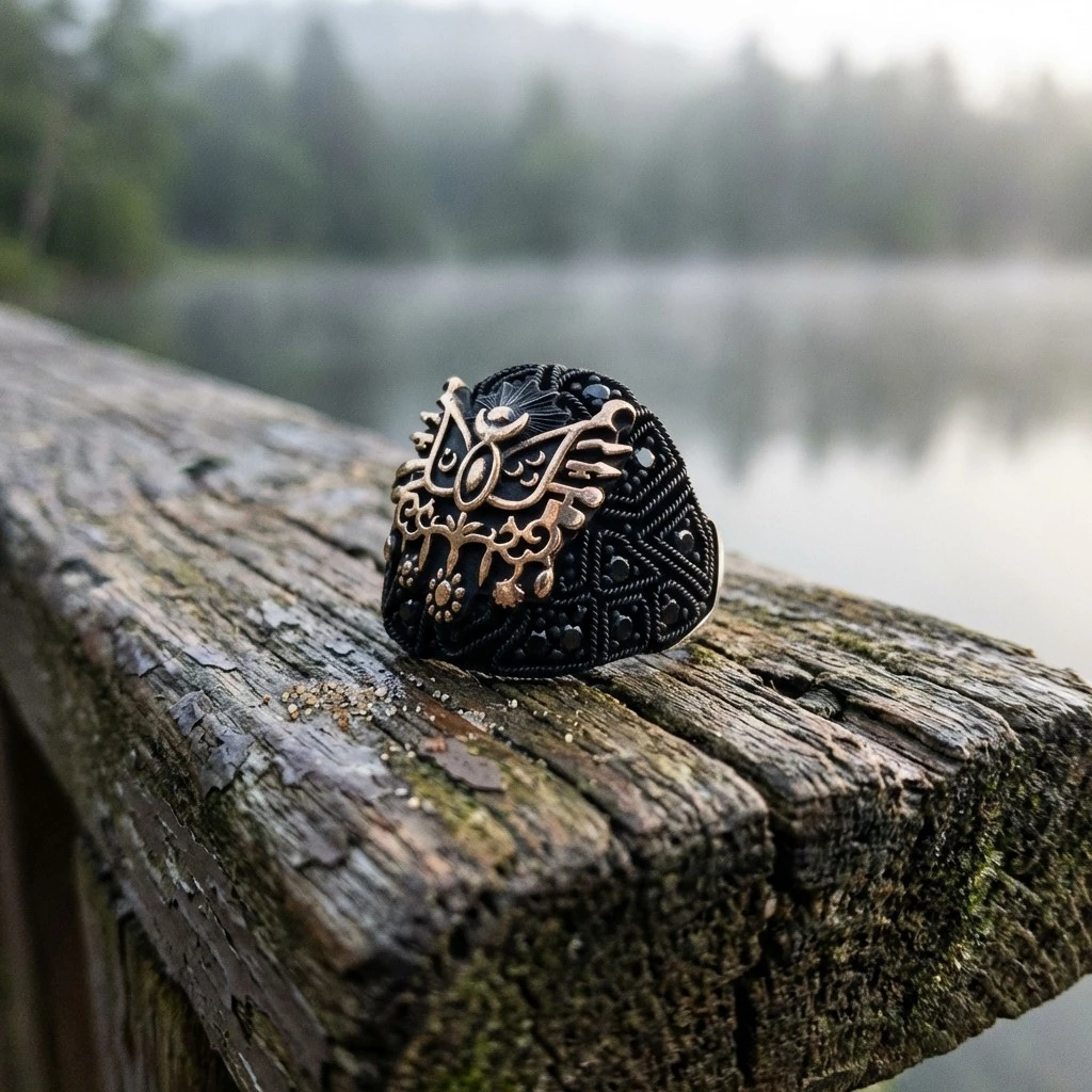 Osmanlı Arması Figürlü Siyah Zirkon Taşlı Gümüş Erkek Yüzük