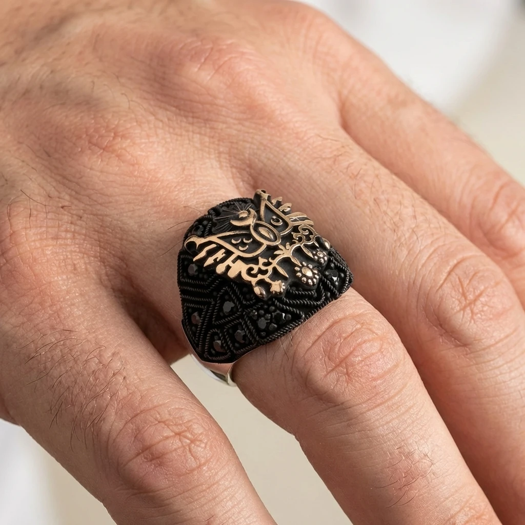 Osmanlı Arması Figürlü Siyah Zirkon Taşlı Gümüş Erkek Yüzük