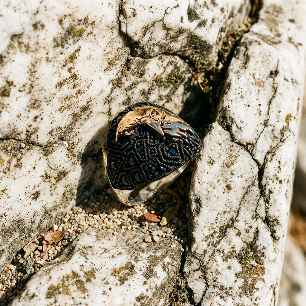 Siyah Zirkon Taşlı Kartal Erkek Yüzüğü
