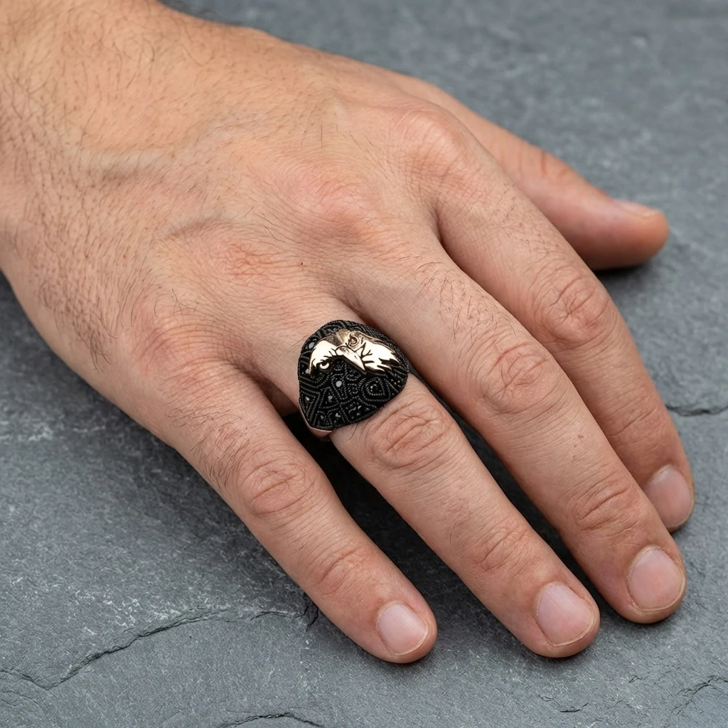 Siyah Zirkon Taşlı Kartal Erkek Yüzüğü