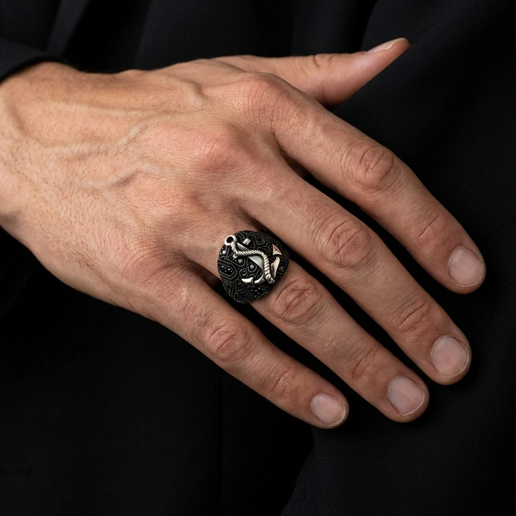 Çapa Figürlü Siyah Zirkon Taşlı Erkek Yüzük