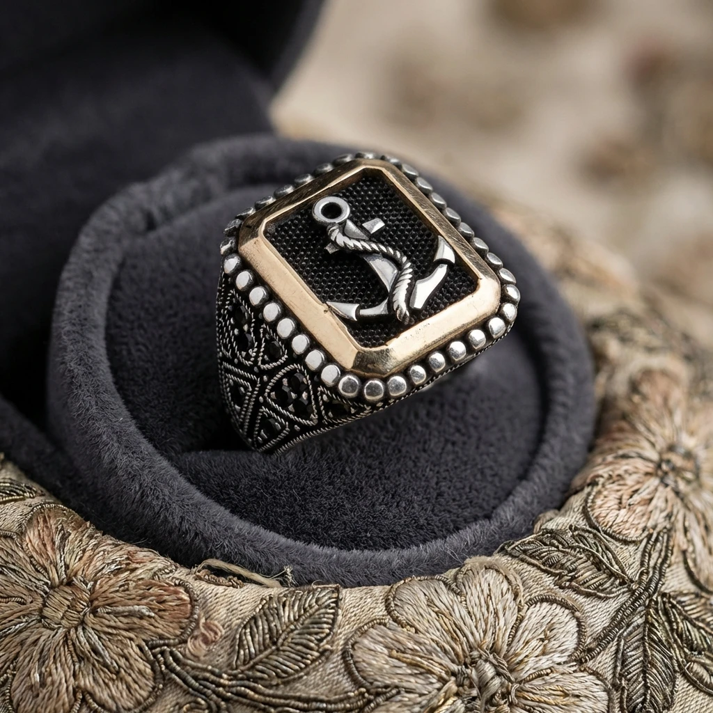 Heybetli Kare Tasarım Siyah Taşlı Çapa Erkek Yüzük