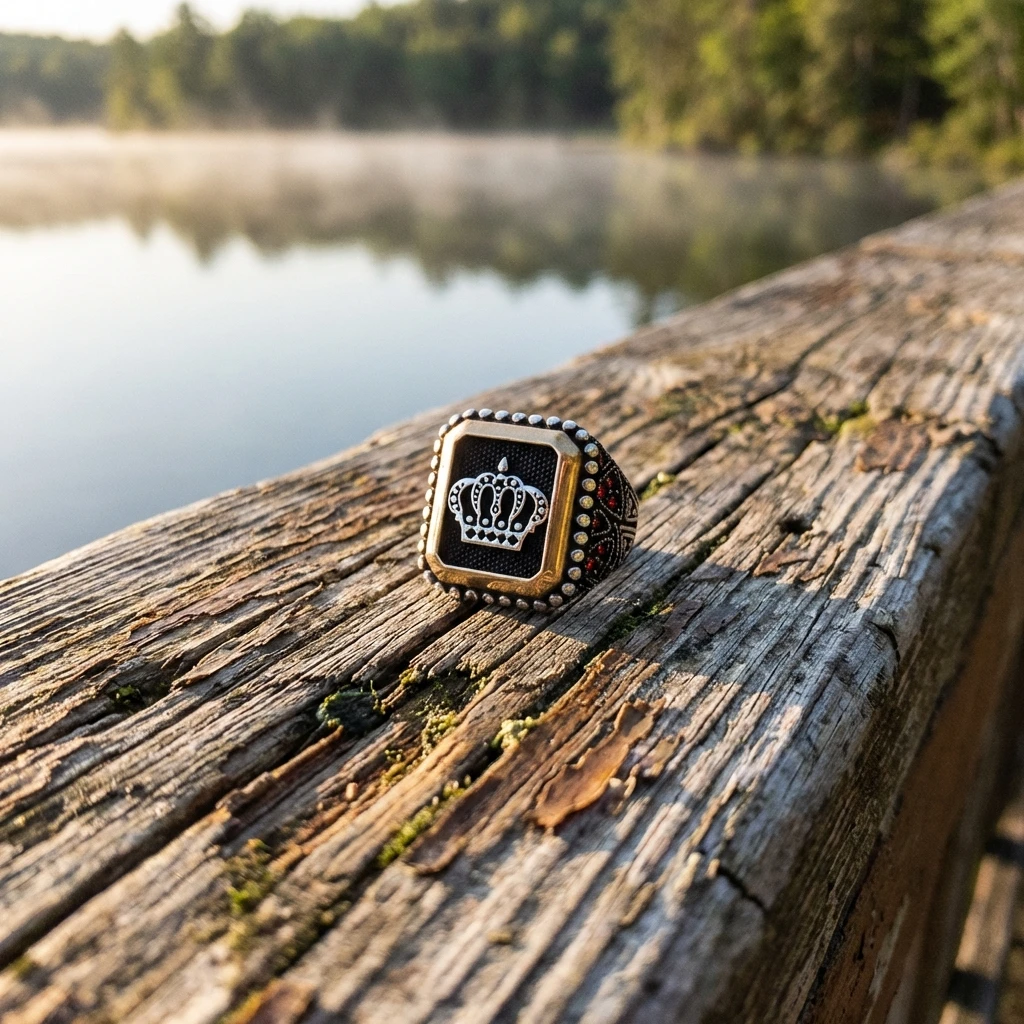 Heybetli Kare Tasarım Kırmızı Taşlı Taç Erkek Yüzük