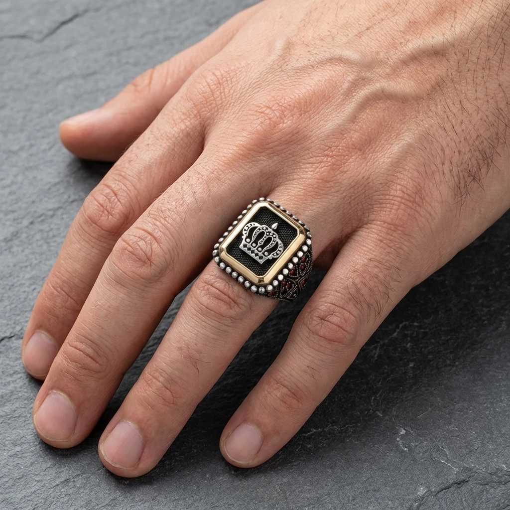 Heybetli Kare Tasarım Kırmızı Taşlı Taç Erkek Yüzük