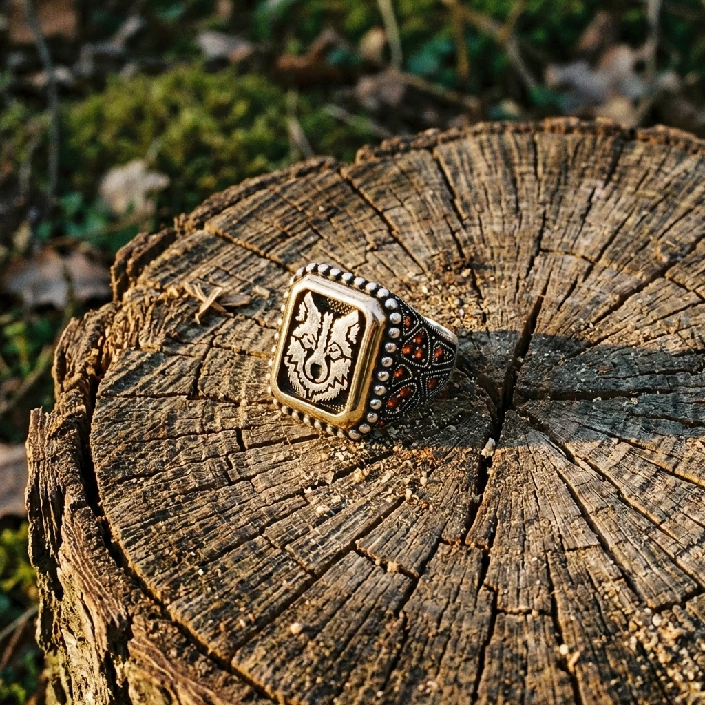 Heybetli Kare Tasarım Kırmızı Taşlı Bozkurt Erkek Yüzük