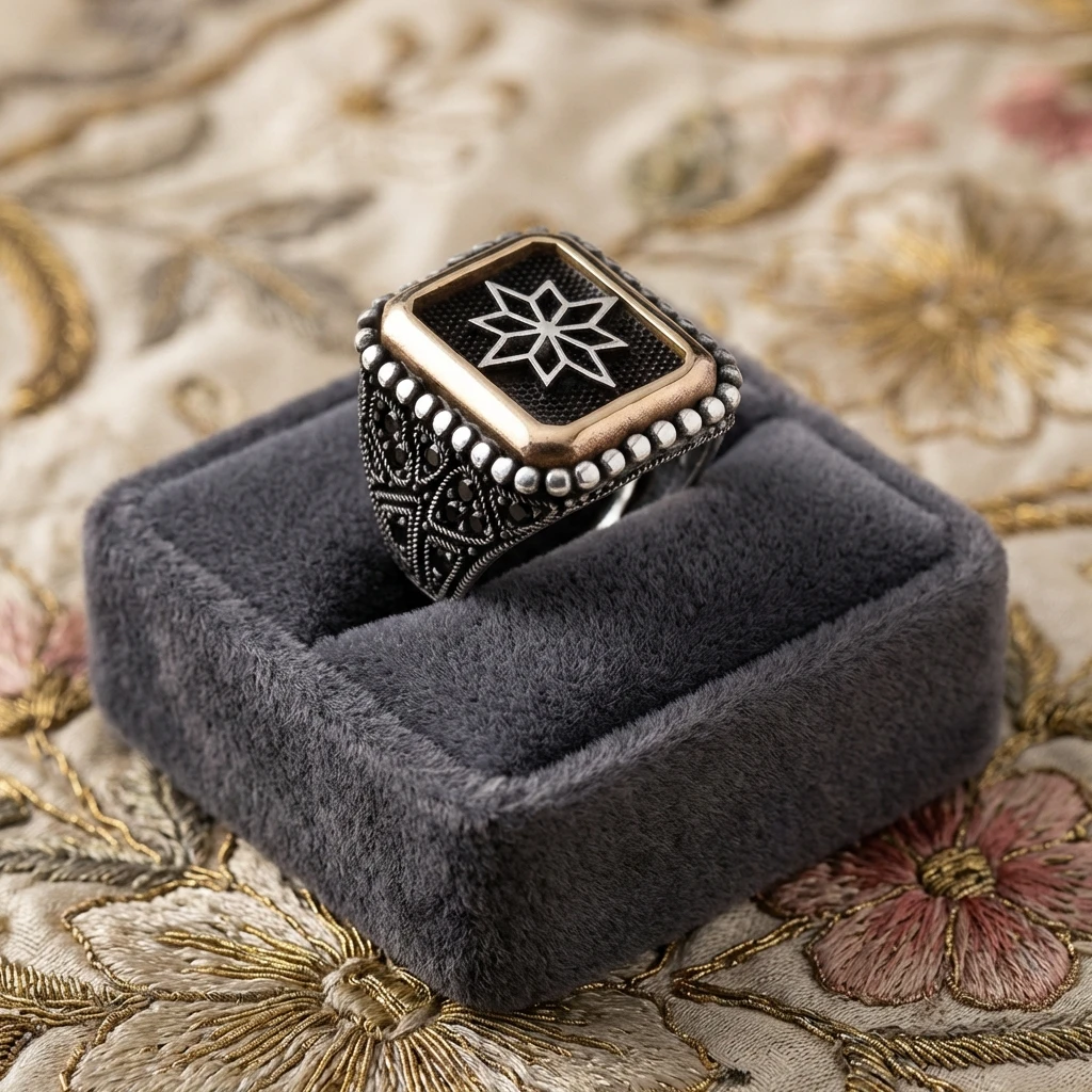 Heybetli Kare Tasarım Siyah Taşlı Selçuklu Yıldızı Erkek Yüzük