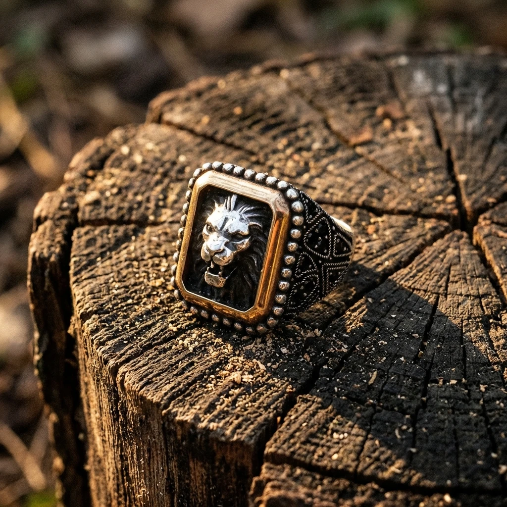 Heybetli Kare Tasarım Siyah Taşlı Aslan Erkek Yüzük