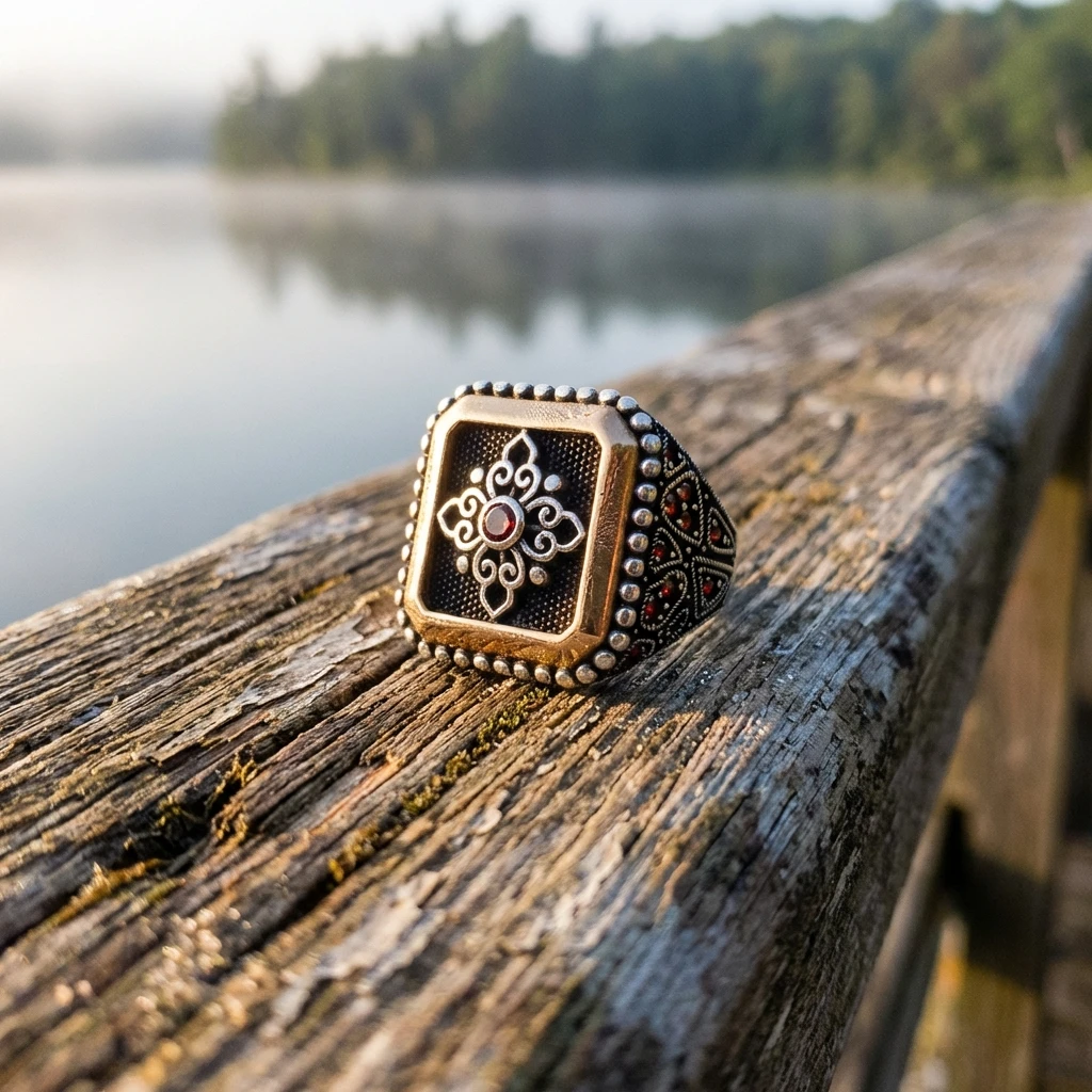 Heybetli Kare Tasarım Kırmızı Taşlı Otantik Motifli Erkek