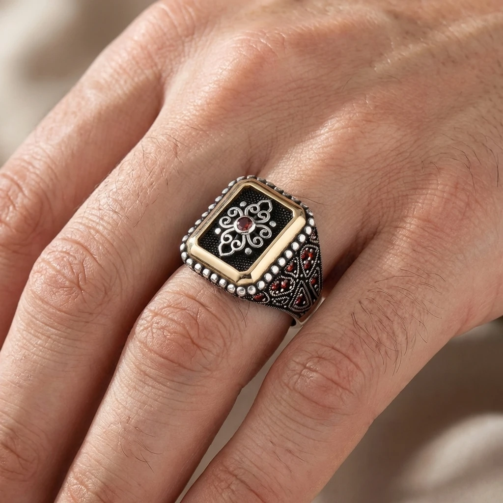 Heybetli Kare Tasarım Kırmızı Taşlı Otantik Motifli Erkek