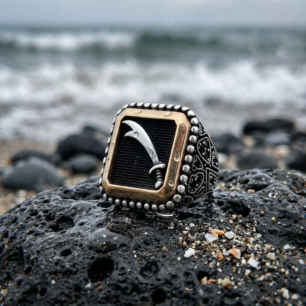 Heybetli Kare Tasarım Siyah Taşlı Zülfikar Erkek Yüzük