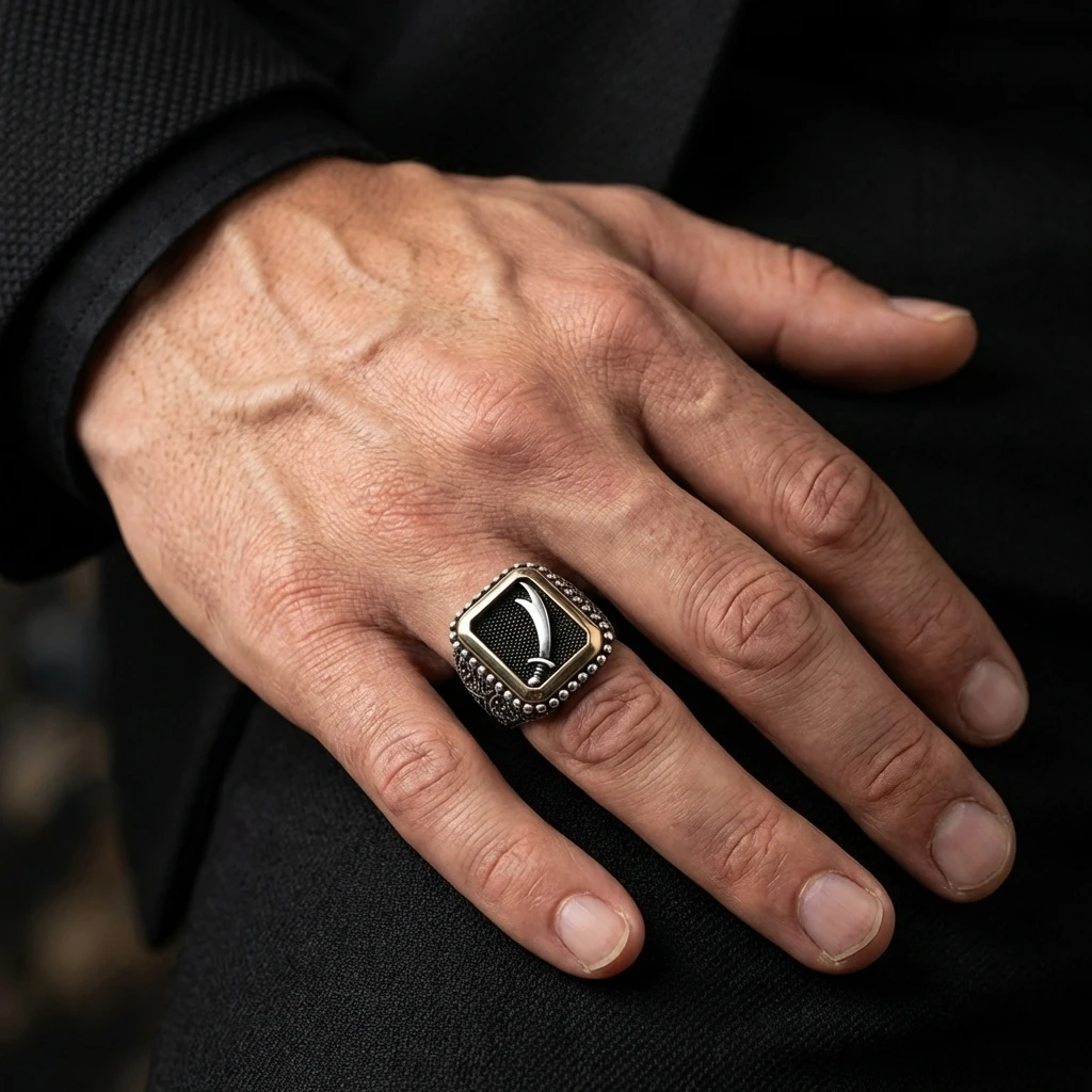 Heybetli Kare Tasarım Siyah Taşlı Zülfikar Erkek Yüzük