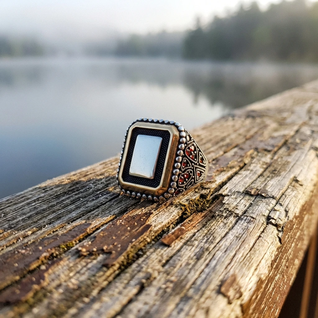 Heybetli Kare Tasarım Kırmızı Taşlı Minimalist Erkek Yüzük