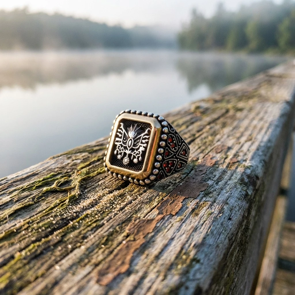 Heybetli Kare Tasarım Kırmızı Taşlı Osmanlı Devlet Arması