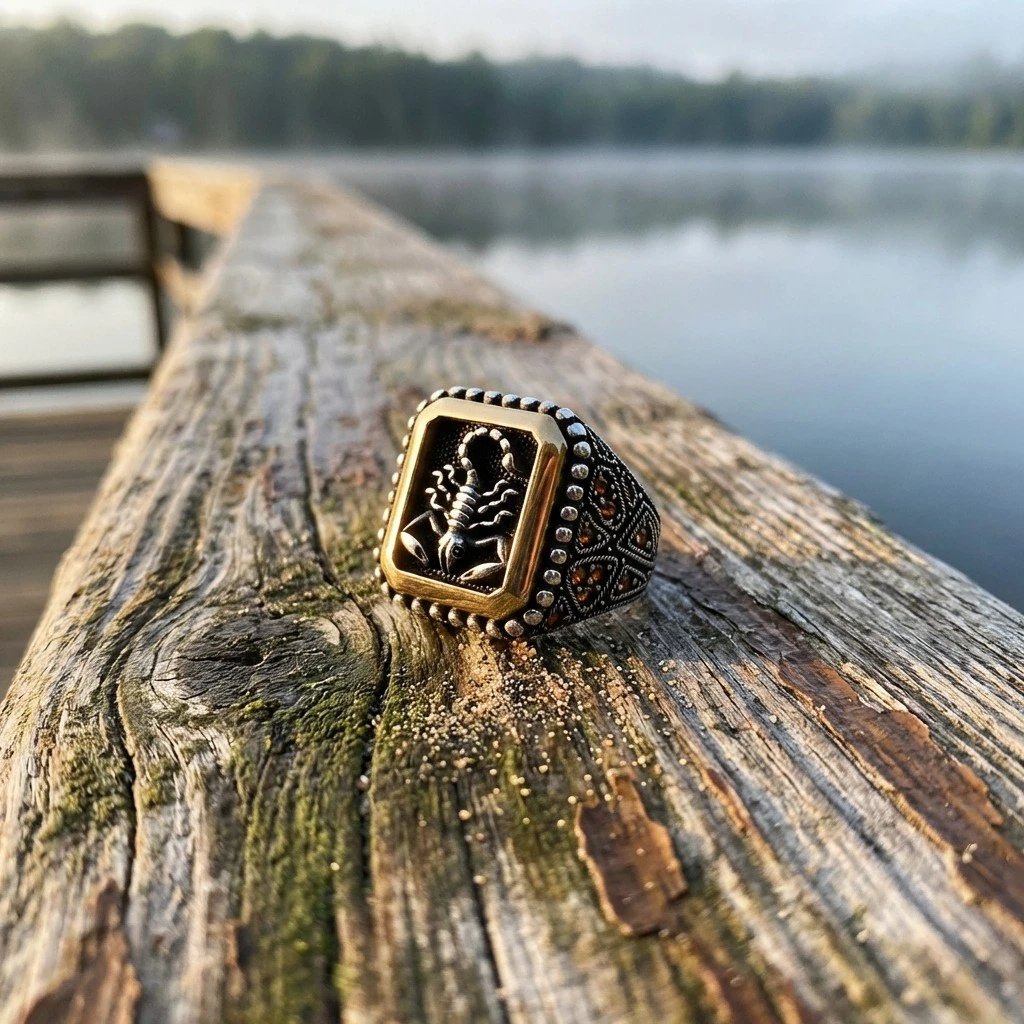 Heybetli Kare Tasarım Kırmızı Taşlı Akrep Erkek Yüzük