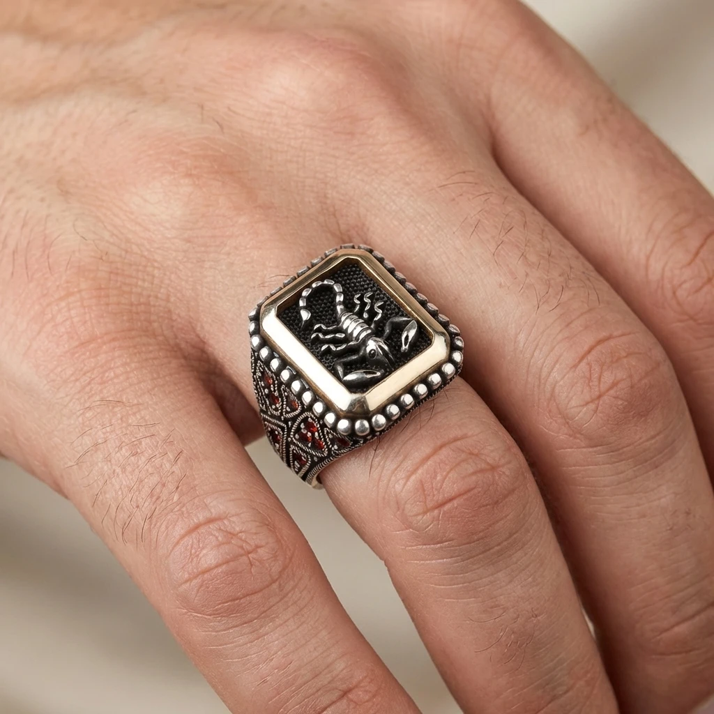 Heybetli Kare Tasarım Kırmızı Taşlı Akrep Erkek Yüzük