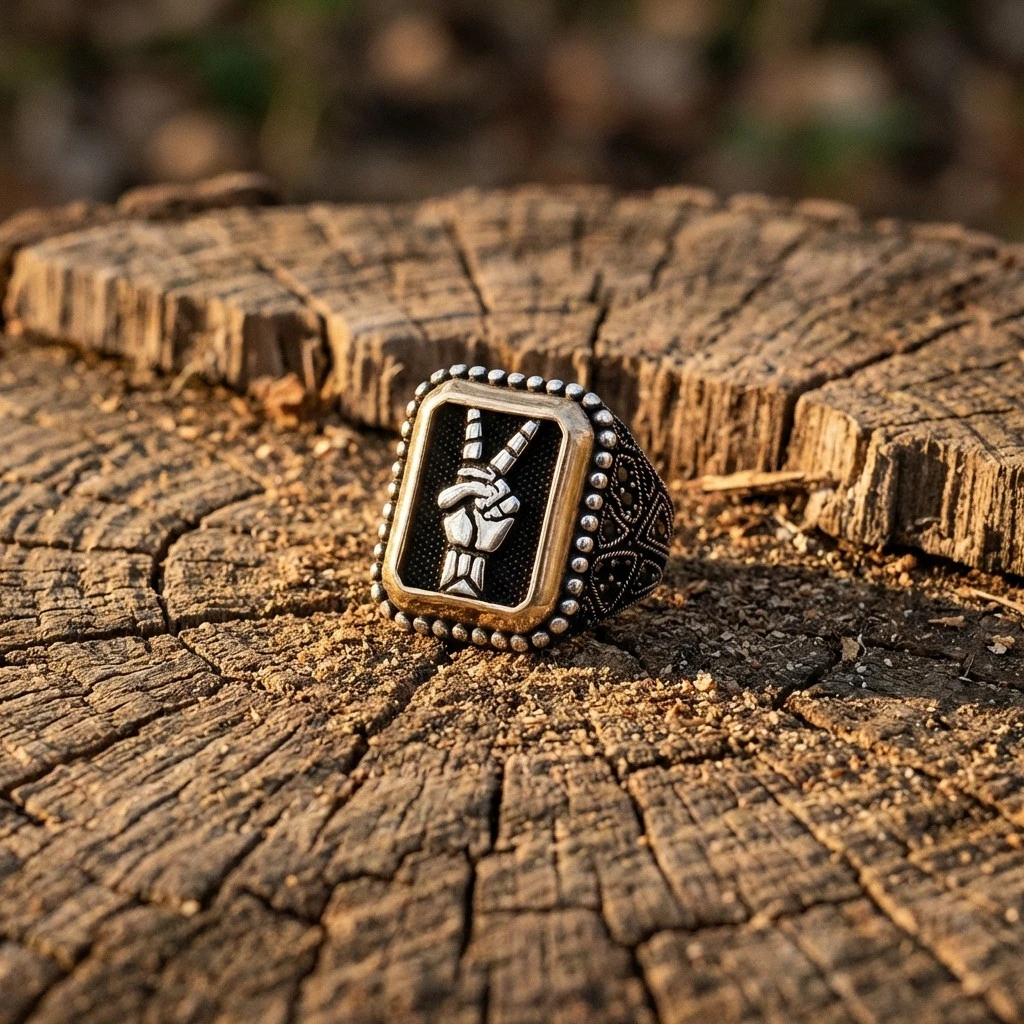 Heybetli Kare Tasarım Siyah Taşlı Zafer İşareti Erkek Yüzük
