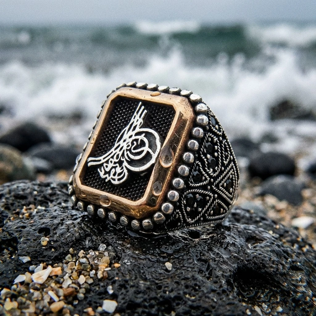 Heybetli Kare Tasarım Siyah Taşlı Osmanlı Tuğra Erkek Yüzük