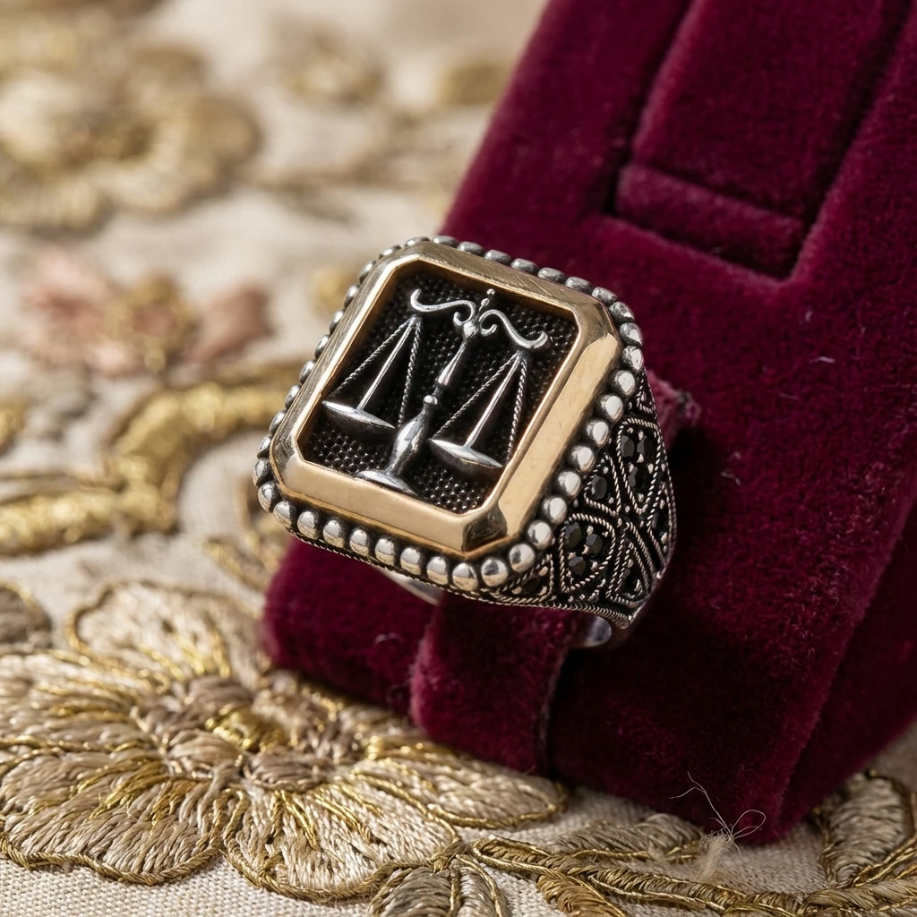 Heybetli Kare Tasarım Siyah Taşlı Adalet Terazisi Erkek Yüzük