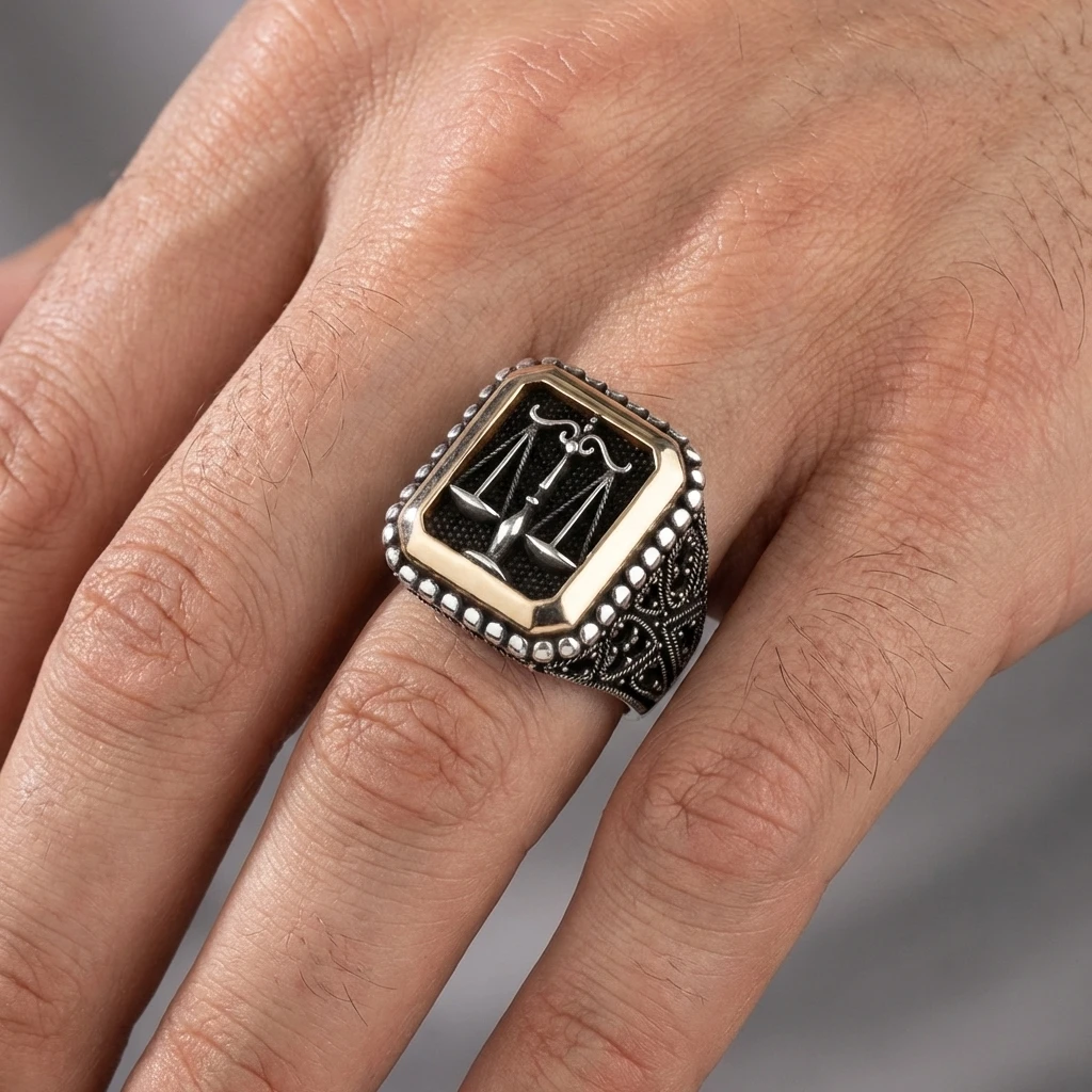 Heybetli Kare Tasarım Siyah Taşlı Adalet Terazisi Erkek Yüzük