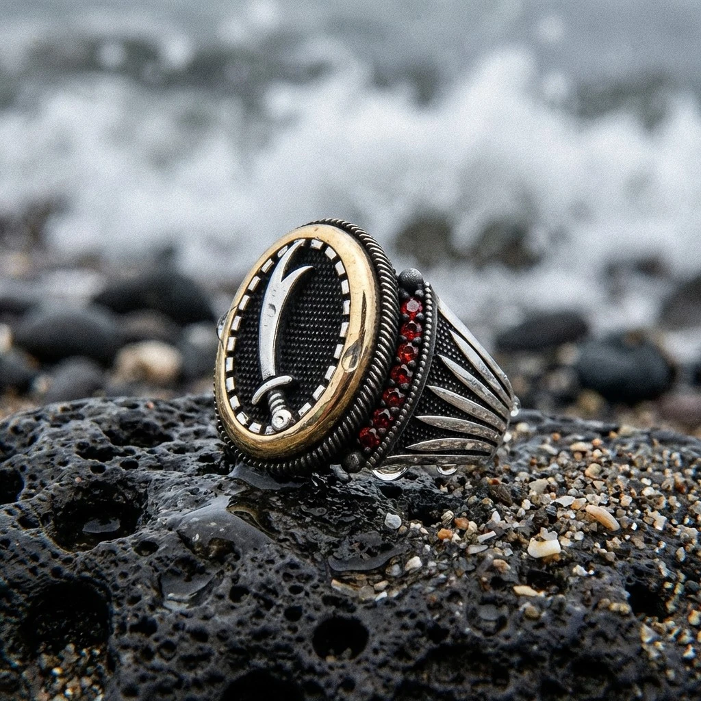 Oval Çerçeve Kasa Zülfikar Kılıcı Figürlü Mikro Taş Gümüş Erkek Yüzüğü