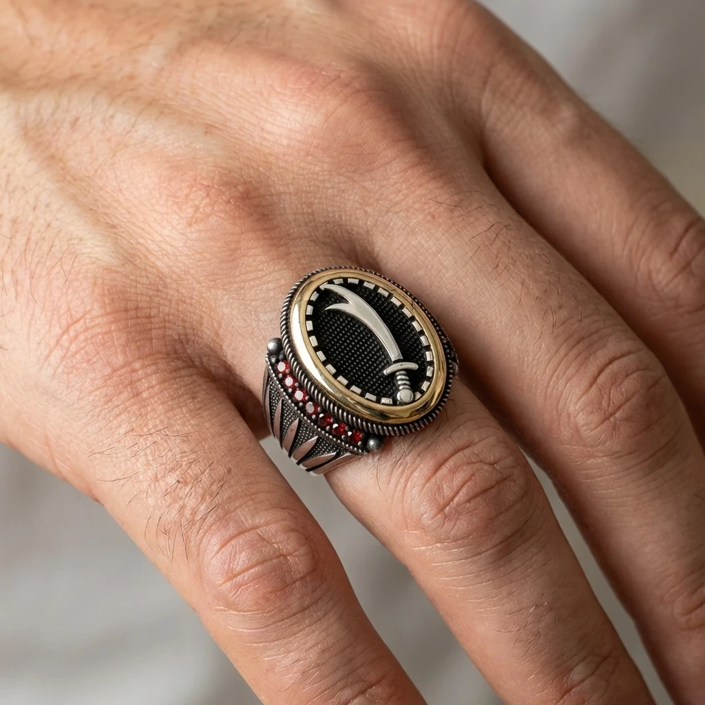 Oval Çerçeve Kasa Zülfikar Kılıcı Figürlü Mikro Taş Gümüş Erkek Yüzüğü